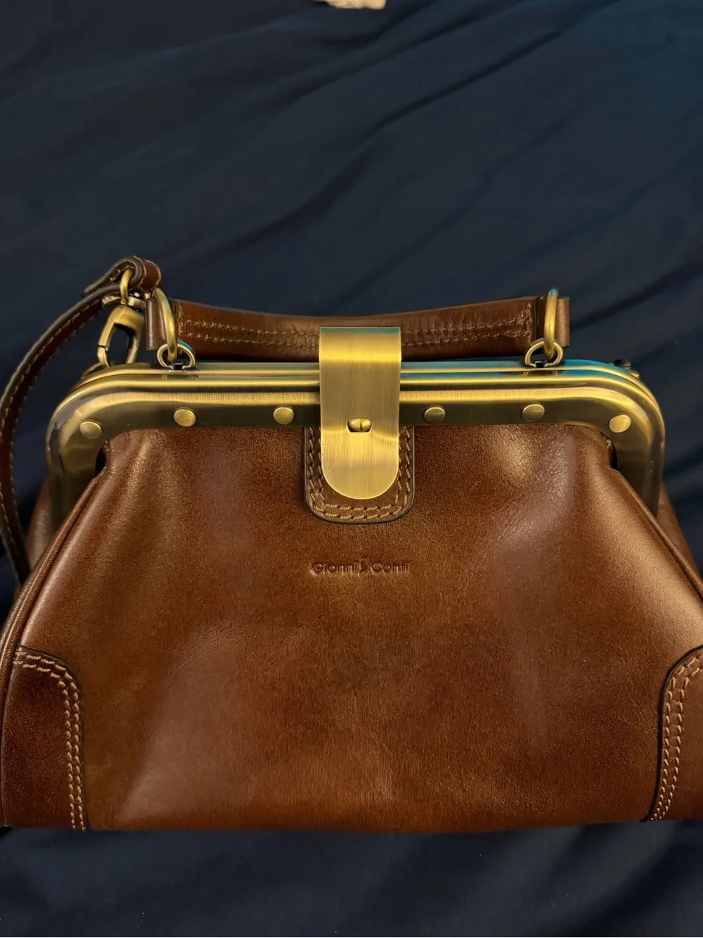 Gianni Conti Brown Leather Frame-Top Crossbody Bag
